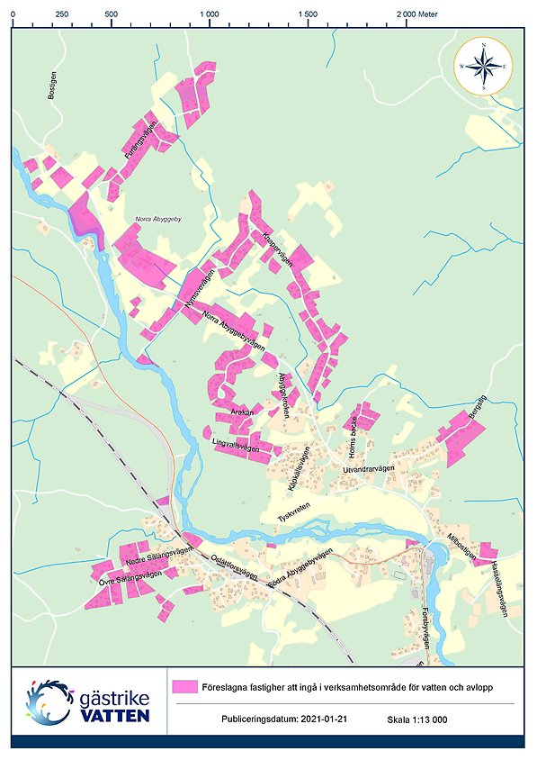 Kartbild som visar vilka fastigheter som tillhör verksamhetsområdet och som kommer ha möjlighet att ansluta sig till kommunalt vatten och avlopp.
