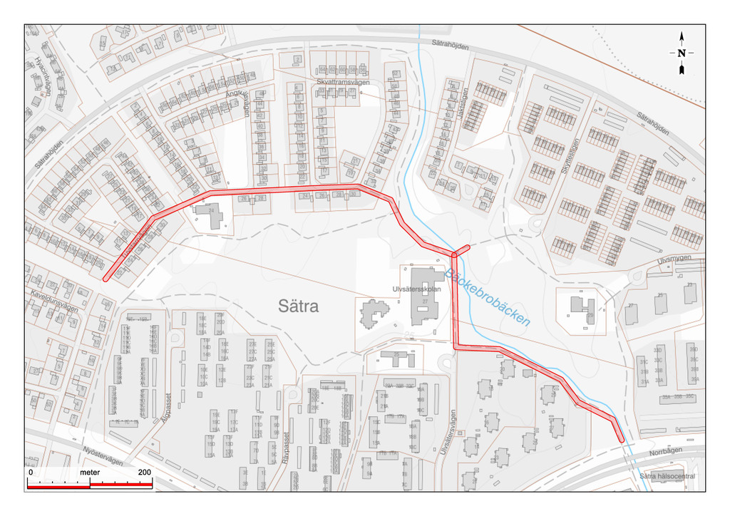 Kartbild över arbetsområdet som sträcker sig från Tuvstarrvägen via Ängsullsvägen och Skvattramsvägen längs cykelbanan bort till Norrbågen,